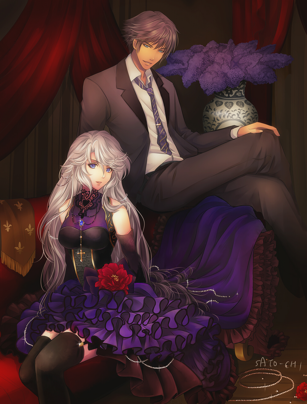 1boy, 1girl, artist_name, bare_shoulders, blue_eyes, brown_hair, crossed_legs, curtains