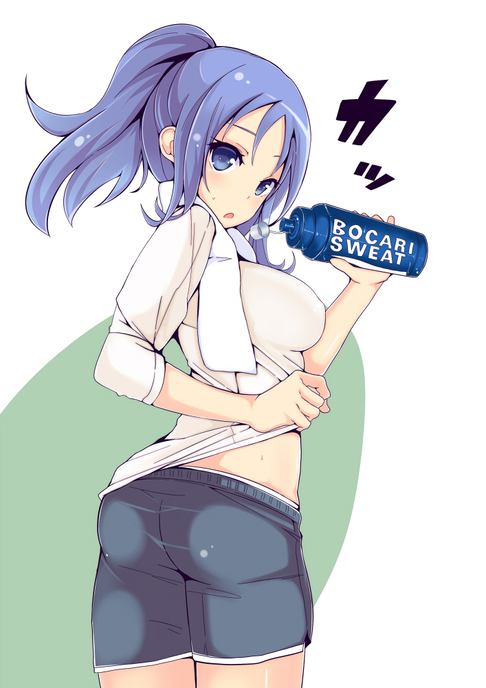 1girl, alternate_hairstyle, ass, atago_kinue, blue_eyes, blue_hair, bottle, breasts
