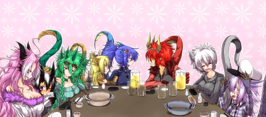 6+girls, admiral_hipper, ahoge, alcohol, anger_vein, angry, beer, beer_mug, black_hair, blonde_hair, blue_eyes, blue_hair, braid, breasts, cleavage, closed_eyes, collarbone, dragon, dragon_girl, embarrassed, g_(desukingu), green_eyes, green_hair, heterochromia, highres, horns, hug, large_breasts, long_hair, looking_at_another, monster_girl, multicolored_hair, multiple_girls, one_eye_closed, original, ponytail, purple_hair, red_eyes, redhead, short_hair, tail, tsubasa_ryuuji, twin_braids, two-tone_hair, very_long_hair, violet_eyes, white_hair