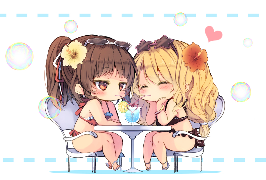 2girls, alternate_hairstyle, bikini, blonde_hair, blush, bracelet, brown_hair, bubble, chibi, chin_rest, closed_eyes, drink, drinking, drinking_straw, flower, food, fruit, full_body, hair_flower, hair_ornament, hair_ribbon, hakurei_reimu, heart_straw, hibiscus, jewelry, kirisame_marisa, lime_(fruit), long_hair, multiple_girls, piyokichi, ponytail, red_eyes, ribbon, sandals, sitting, star-shaped_glasses, sunglasses, sunglasses_on_head, swimsuit, table, touhou