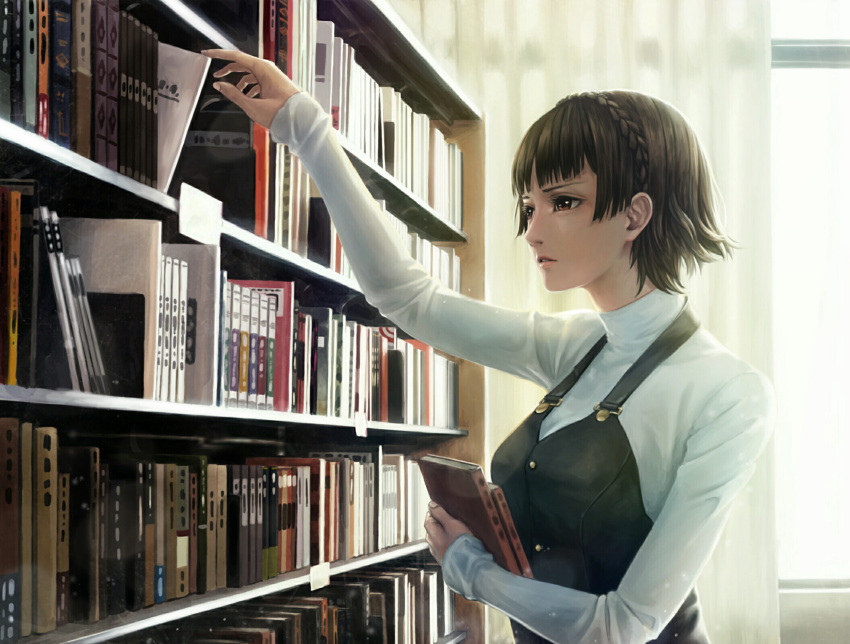 1girl, book, braid, brown_eyes, brown_hair, curtains, highres, namako_mikan