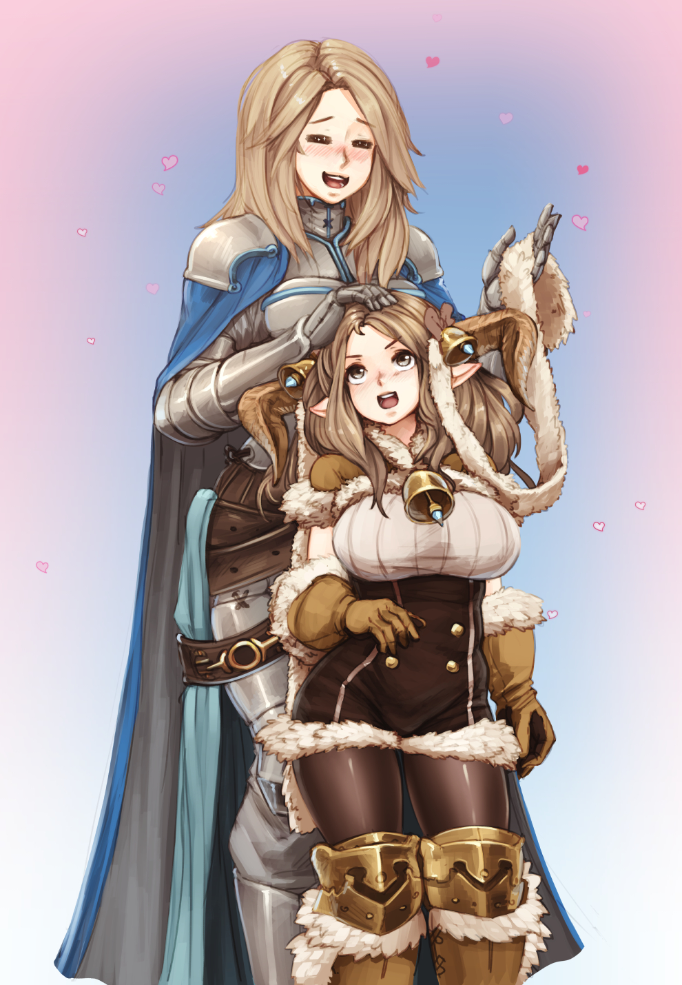 2girls, :3, :d, =_=, armor, barbariank, bell, blush