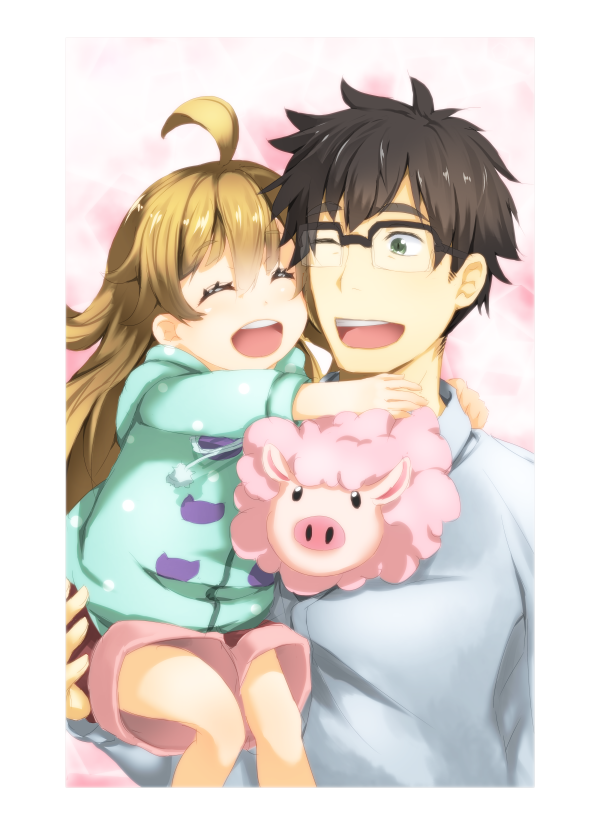 1boy, 1girl, ahoge, amaama_to_inazuma, bangs, black_hair, blonde_hair, child