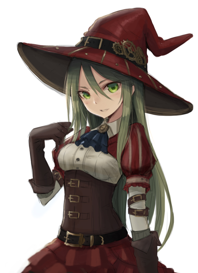 1girl, arm_belt, armband, bangs, belt, brown_gloves, buckle, collared_shirt, corset, cravat, elbow_gloves, eyebrows, eyebrows_visible_through_hair, female, gears, gloves, green_eyes, green_hair, hair_between_eyes, hair_tousle, hat, kai_(ootamuno12), long_hair, looking_at_viewer, original, parted_lips, puffy_short_sleeves, puffy_sleeves, red_hat, red_skirt, shirt, short_sleeves, simple_background, skirt, solo, underbust, upper_body, very_long_hair, white_background, witch_hat