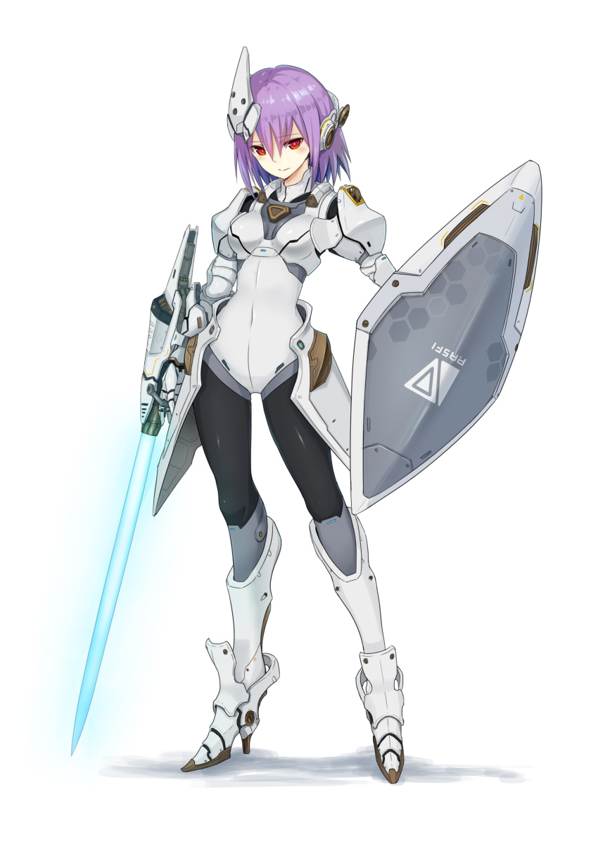 1girl, absurdres, armor, bodysuit, boots, covered_navel, energy_sword, eyebrows, eyebrows_visible_through_hair, full_body, gauntlets, headgear, high_heels, highres, kai_(ootamuno12), knight, looking_at_viewer, original, pauldrons, purple_hair, red_eyes, science_fiction, shield, short_hair, showgirl_skirt, simple_background, solo, standing, sword, thigh-highs, thigh_boots, turtleneck, weapon, white_background