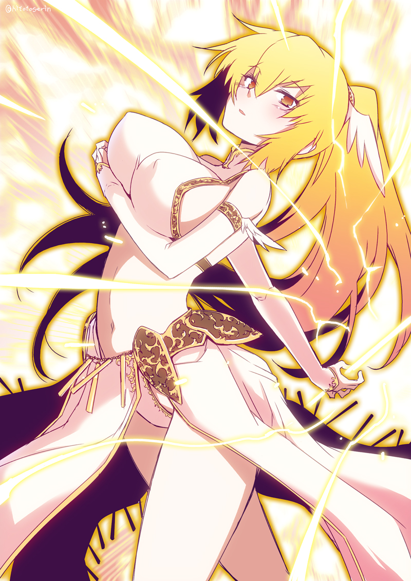 1girl, bad_anatomy, blonde_hair, breast_hold, gloves, hair_ornament, hitotose_rin, midriff