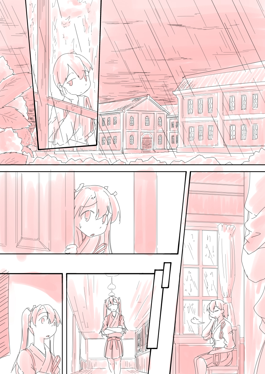 2girls, building, closed_eyes, comic, commentary_request, crossed_arms, elbow_rest, hair_ribbon