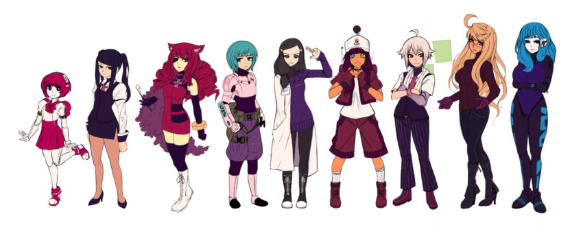 6+girls, alma_(va-11_hall-a), animal_ears, armor, betty_(va-11_hall-a), black_hair, blonde_hair, blue_eyes