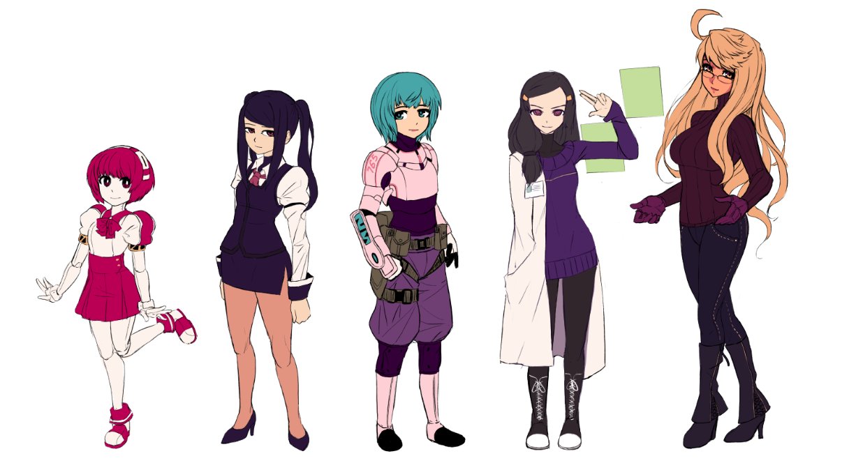 5girls, alma_(va-11_hall-a), armor, betty_(va-11_hall-a), black_hair, blonde_hair, blue_eyes, blue_hair