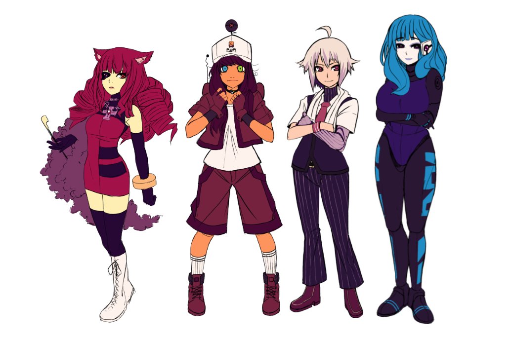 4girls, animal_ears, blue_hair, bodysuit, brown_hair, cat_ears, choker, cybernetic_eye