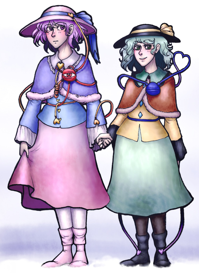 bow, dress, eyeball, full_body, green_eyes, green_hair, hat, highres, komeiji_koishi, komeiji_satori, moonywitcher, multiple_girls, pink_hair, puple_eyes, ribbon, shoes, short_hair, smile, third_eye, touhou