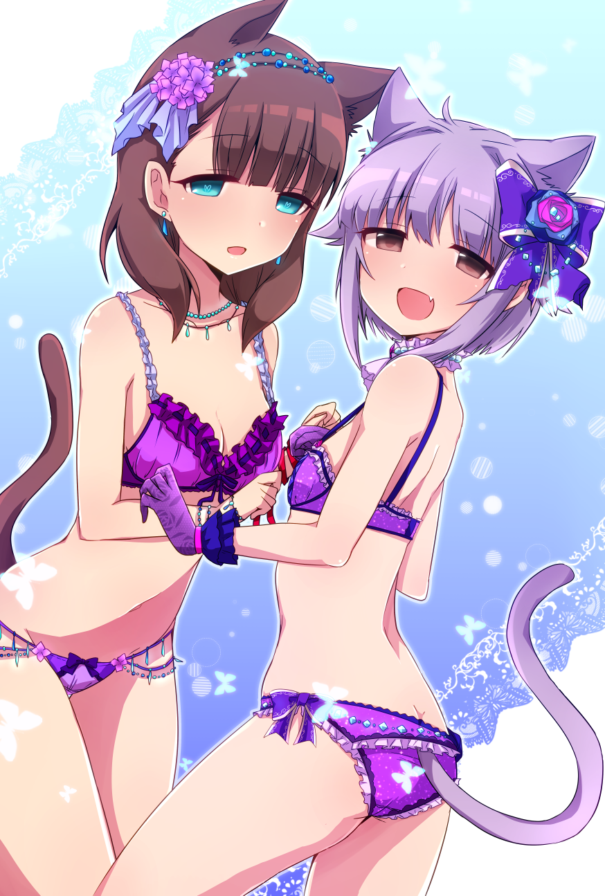 2girls, :d, animal_ears, ass, blue_eyes, blush, bow, bra, breasts, brown_hair, cat_ears, cat_tail, cleavage, earrings, fang, gloves, hair_bow, hana_(tmtmrgrgtrg), heart, heart-shaped_pupils, highres, idolmaster, idolmaster_cinderella_girls, jewelry, kemonomimi_mode, koshimizu_sachiko, looking_at_viewer, multiple_girls, necklace, open_mouth, panties, purple_bra, purple_gloves, purple_hair, purple_panties, sakuma_mayu, short_hair, small_breasts, smile, symbol-shaped_pupils, tail, underwear, underwear_only
