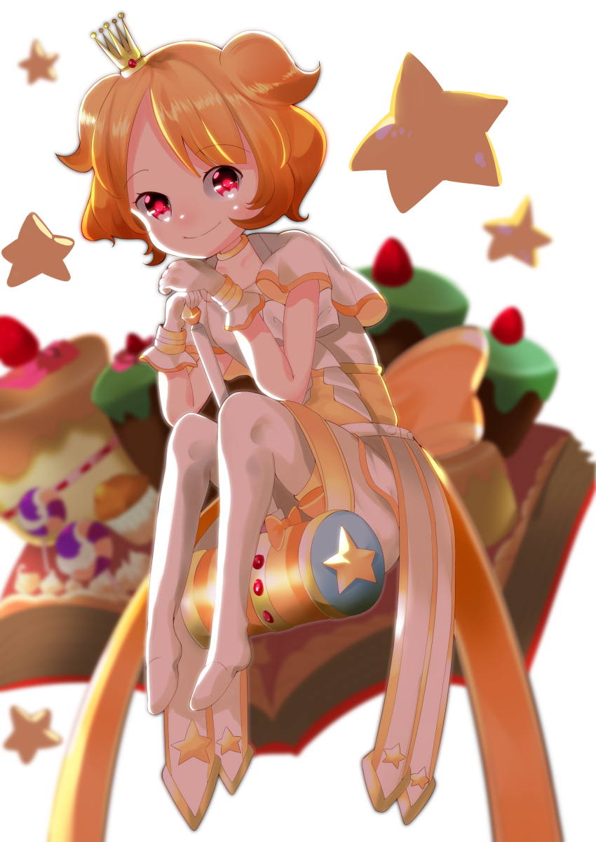 1girl, absurdres, blurry_background, book, brown_hair, cake, crown, elbows_on_knees