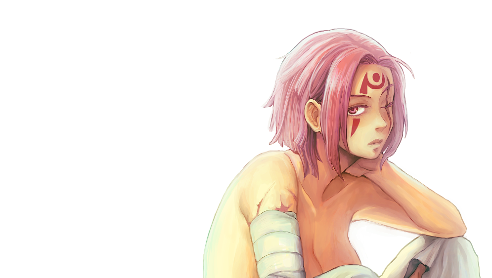 1girl, alternate_hair_length, alternate_hairstyle, baiken, bandages, breasts, cleavage, facial_mark