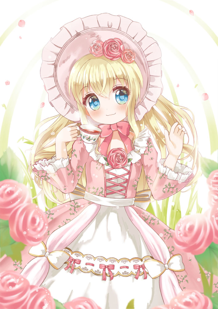 1girl, blonde_hair, blue_eyes, blush, bonnet, coco_(otoca_d'or), cup, dress
