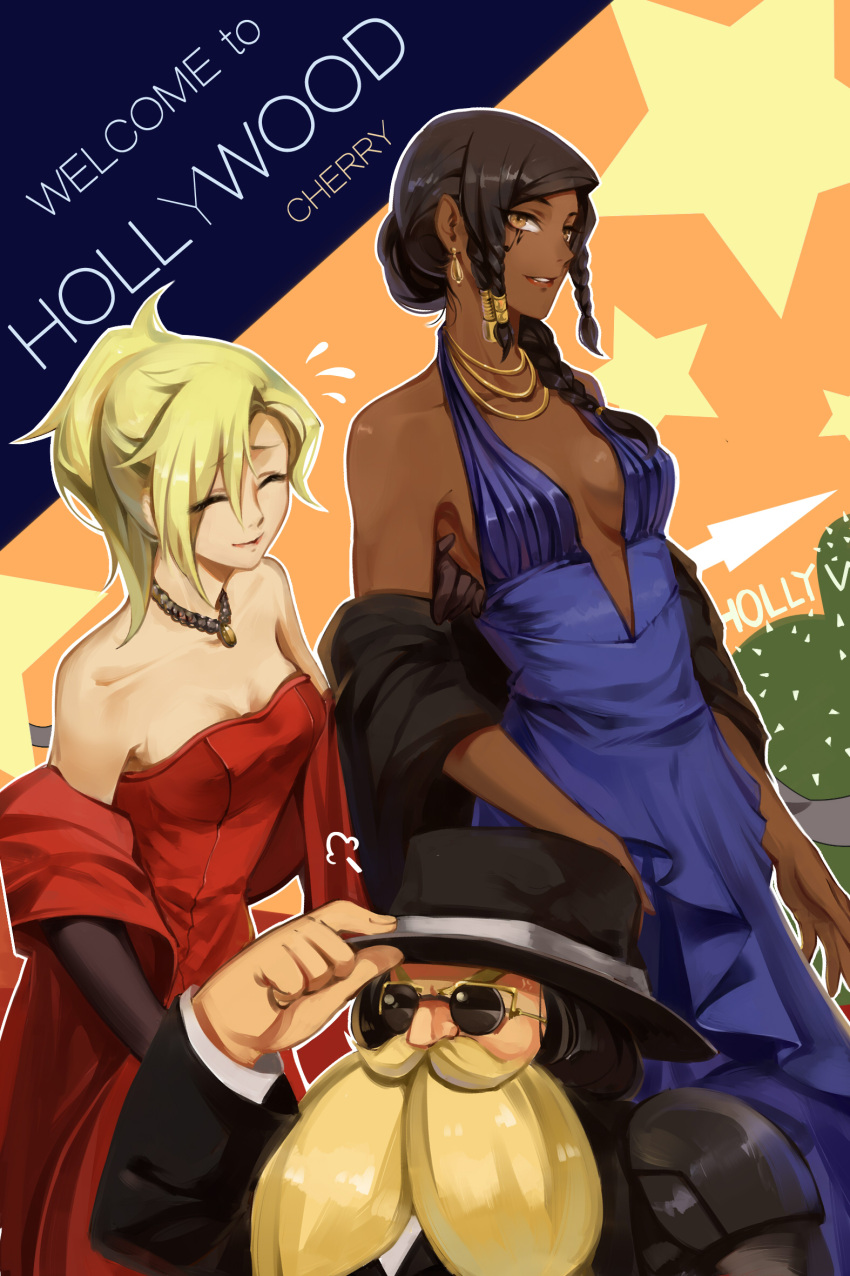 1boy, 2girls, alternate_costume, arm_grab, bare_shoulders, beard, black_gloves, black_hair
