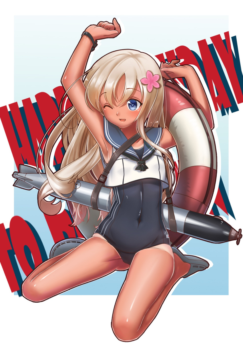 armpits, arms_up, blonde_hair, blue_eyes, blush, bracelet, covered_navel, crop_top
