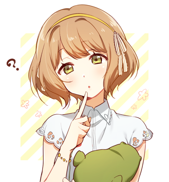 1girl, :o, ?, bracelet, brown_hair, finger_to_mouth, hairband, head_tilt