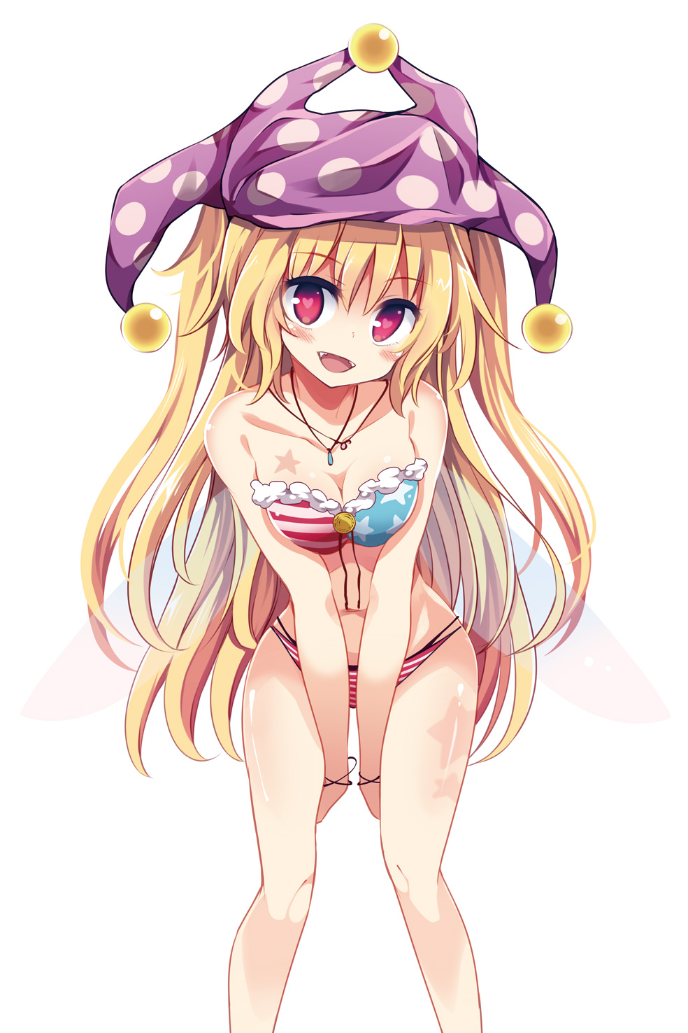 1girl, adapted_costume, american_flag_bikini, bare_shoulders, bikini, blonde_hair, blush, breasts