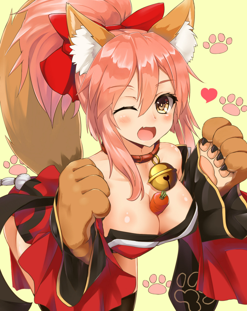 1girl, animal_ears, bell, bent_over, black_legwear, blush, bow, brown_gloves