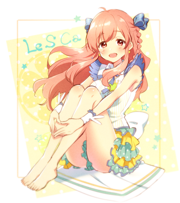 1girl, bare_legs, barefoot, blush, braid, dress, earrings, hair_ribbon