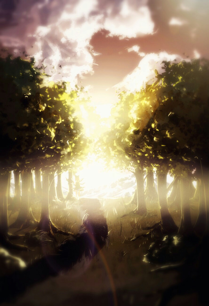 1girl, blue_dress, bow, bush, cirno, clouds, dress, eggplant_(dadamiao), forest, grass, hair_bow, highres, lens_flare, light_particles, looking_at_viewer, mountain, nature, scenery, short_dress, short_hair, solo, standing, stream, sunlight, sunset, touhou, tree, wind
