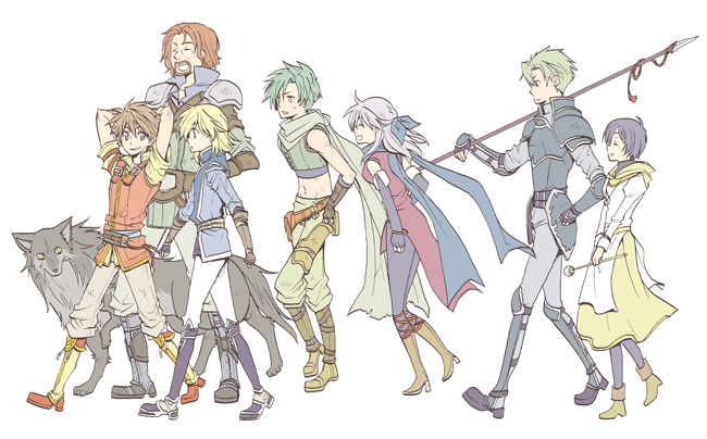 aran_(fire_emblem), black_hair, blonde_hair, blue_eyes, brown_hair, edward_(fire_emblem), fire_emblem, fire_emblem:_akatsuki_no_megami, fire_emblem_radiant_dawn, green_hair, laura, laura_(fire_emblem), leonardo_(fire_emblem), micaiah, nintendo, nolan, pantyhose, polearm, ribbon, scarf, short_hair, silver_hair, smile, sothe, spear, volug, weapon, wolf