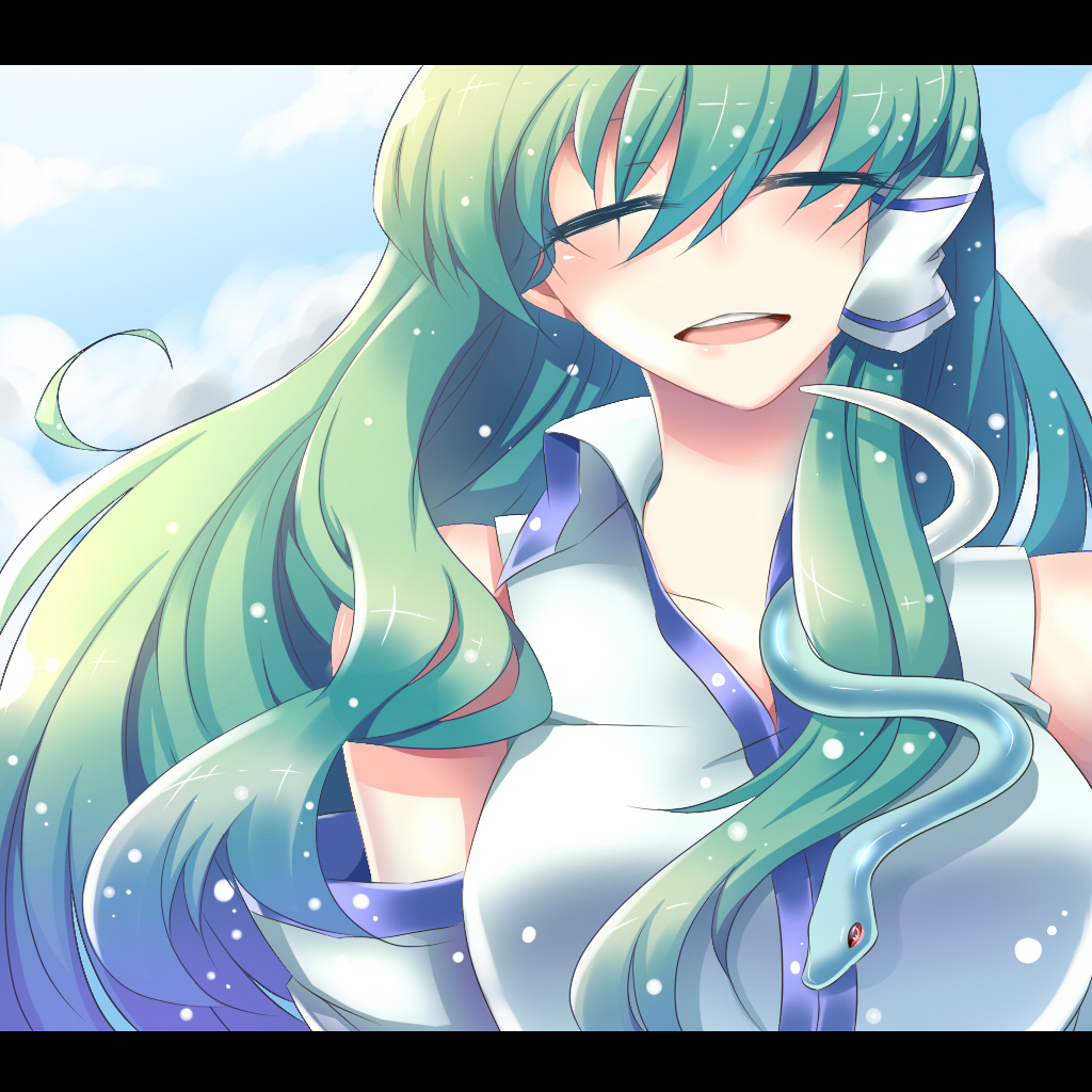 1girl, bangs, closed_eyes, collar, detached_sleeves, endwhite, green_hair, hair_ornament