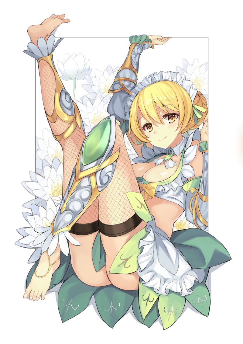 1girl, arm_guards, arm_warmers, artist_request, barefoot, blonde_hair, braid, breasts