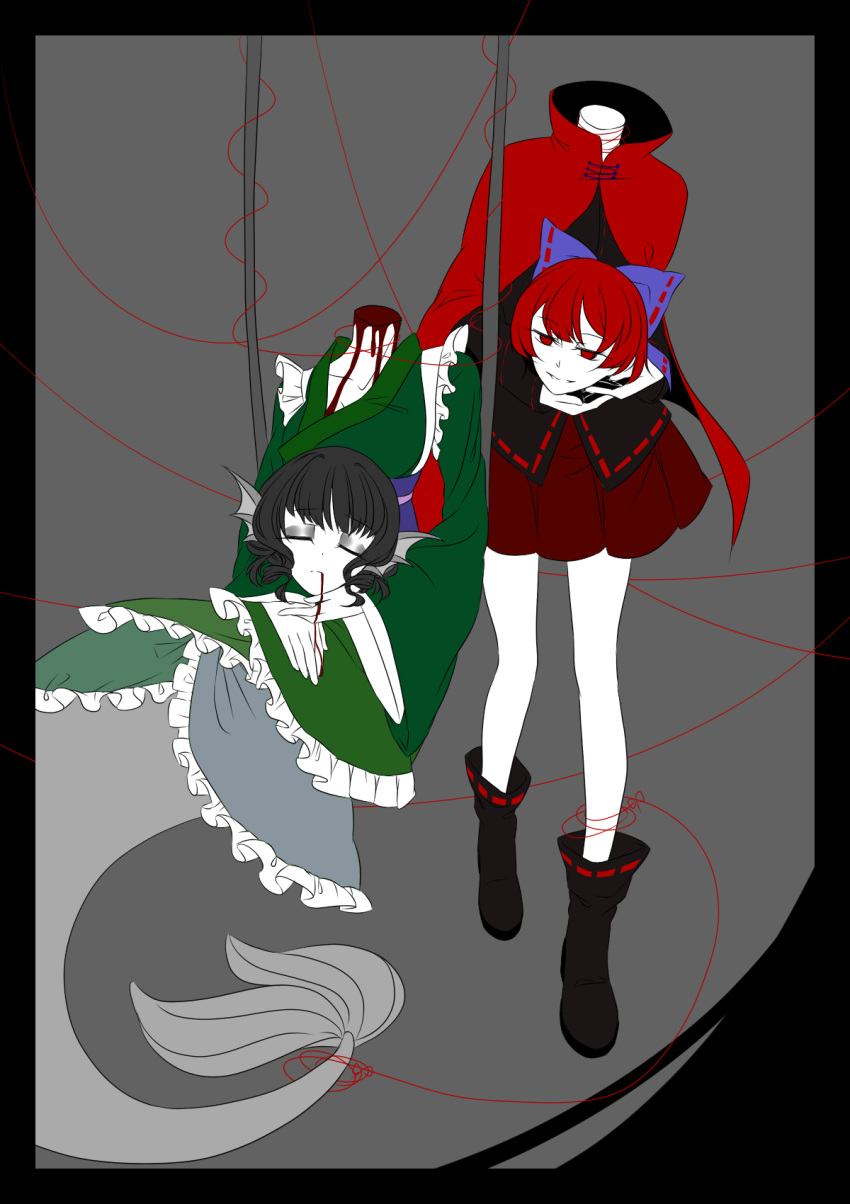 2girls, black, black_background, black_boots, blood, boots, bow, closed_eyes, creepy, death, decapitation, disembodied_head, dress, endwhite, green_dress, hair_bow, highres, japanese_clothes, kimono, mermaid, monster_girl, multiple_girls, red_eyes, red_string, redhead, sekibanki, short_hair, simple_background, string, touhou, wakasagihime, walking