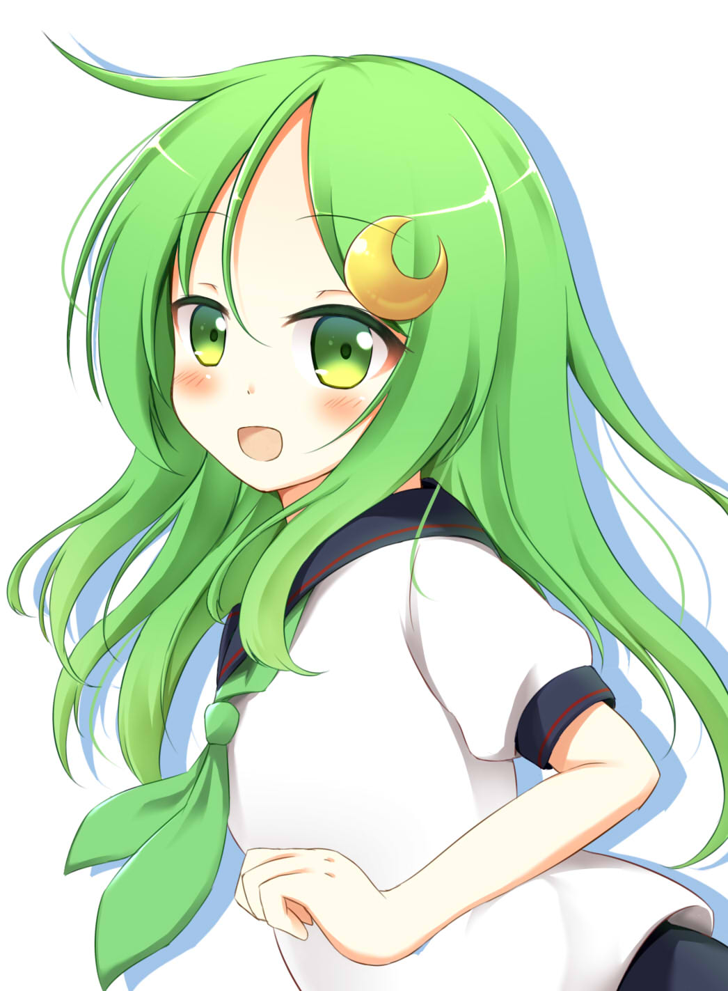 1girl, :d, alternate_costume, crescent, crescent_hair_ornament, eyebrows, eyebrows_visible_through_hair, green_eyes