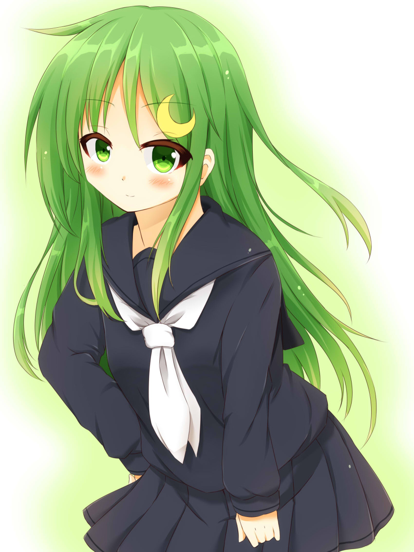 1girl, black_serafuku, blush, crescent, crescent_hair_ornament, eyebrows, eyebrows_visible_through_hair, gradient