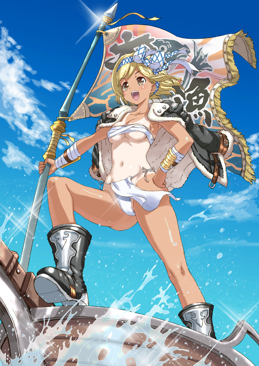 >:d, 1girl, :d, bangs, black_boots, blonde_hair, blush, boots