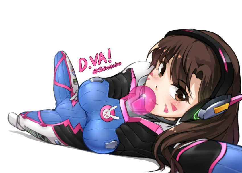 1girl, arm_above_head, bangs, bodysuit, breasts, brown_eyes, brown_hair, bubblegum