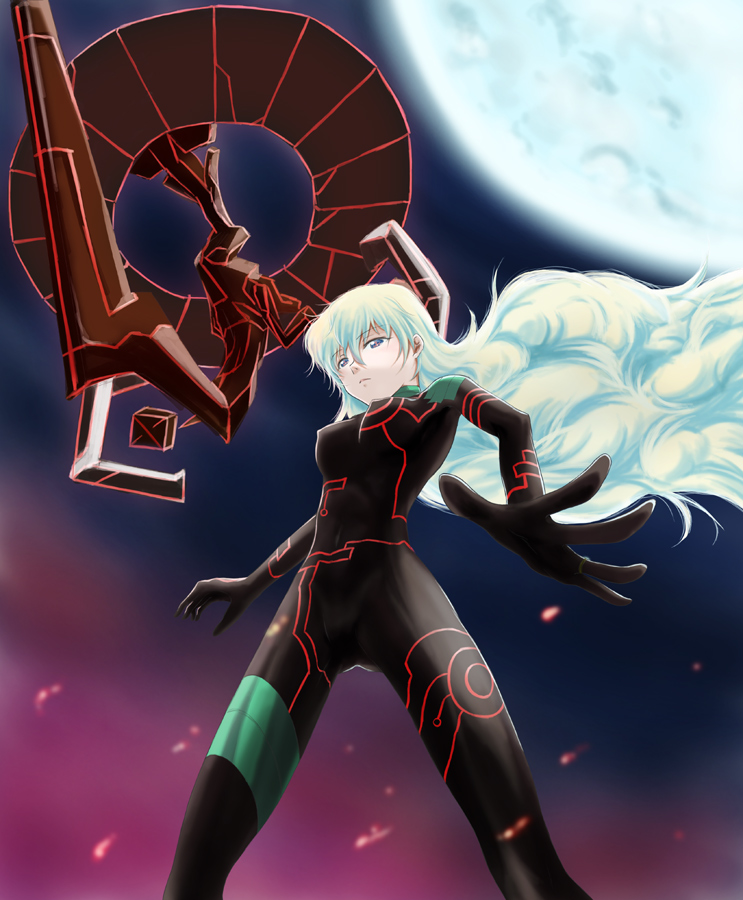 bodysuit, chiaki_lsd, from_below, long_hair, moon, multicolored_hair, nia_teppelin, skin_tight