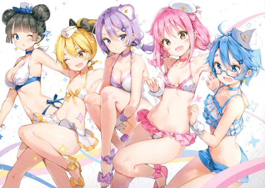 5girls, :d, ;), absurdres, ahoge, anmi, aoi_(houkago_no_pleiades), bikini
