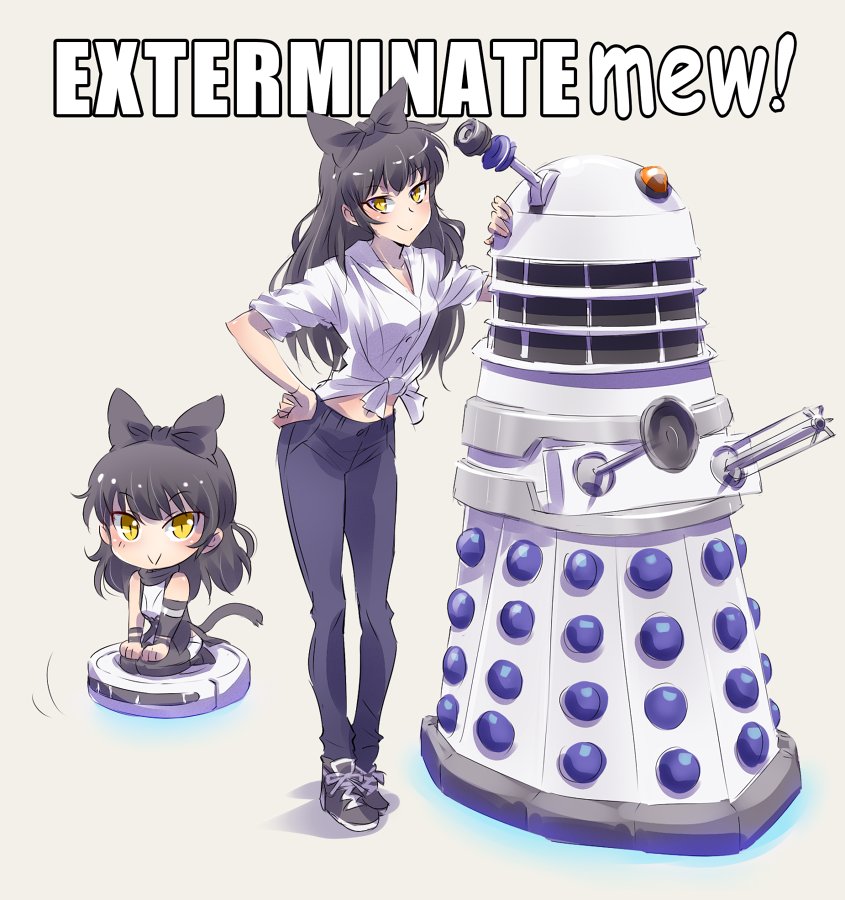 2girls, :>, animal_ears, black_hair, blake_belladonna, cat_ears, cat_tail, chibi
