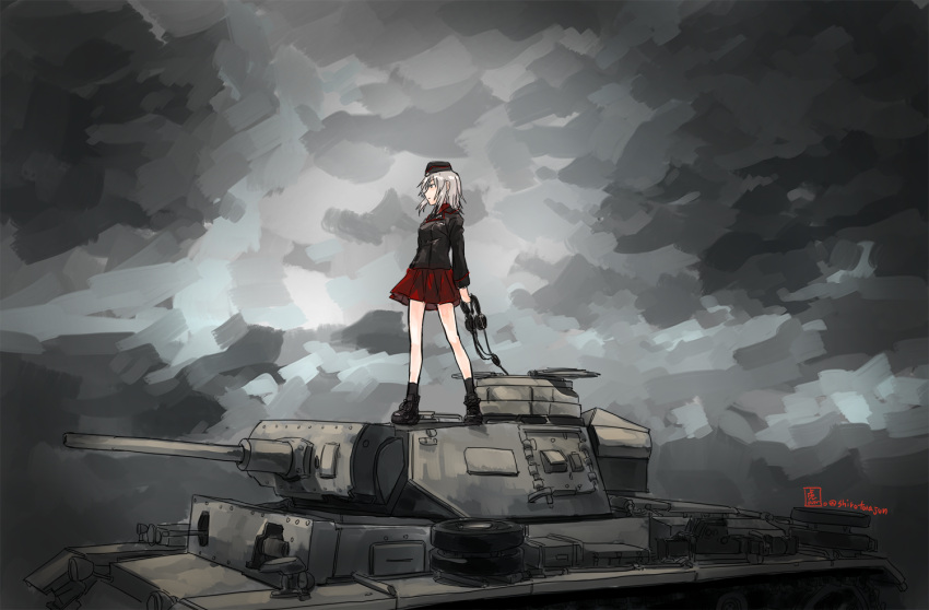 1girl, black_jacket, commentary_request, garrison_cap, girls_und_panzer, ground_vehicle, hat, itsumi_erika