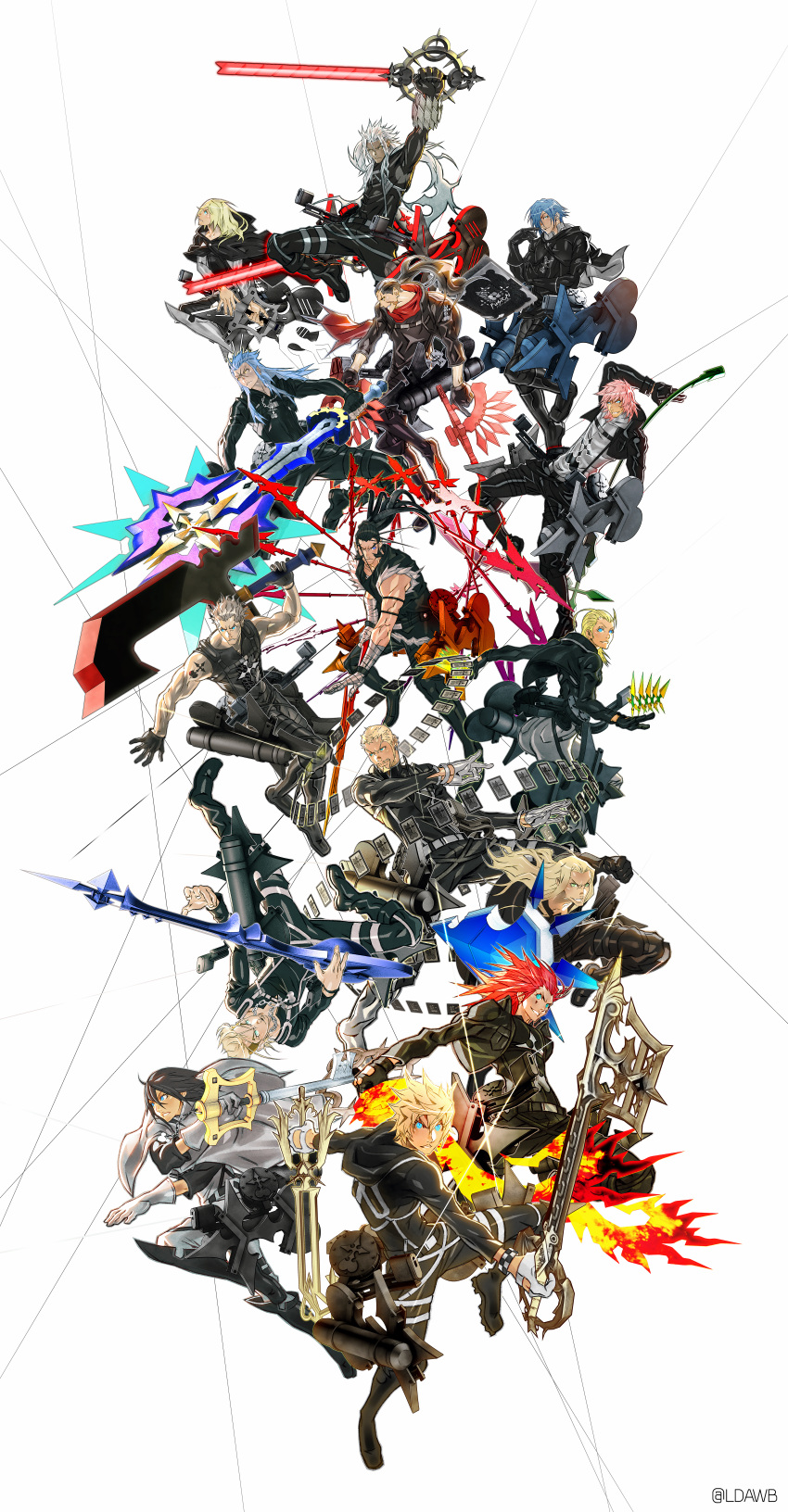3girls, 6+boys, absurdres, adapted_costume, axe, axel_(kingdom_hearts), book, card