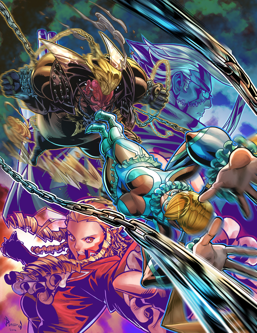 2boys, 2girls, battle, birdie_(street_fighter), blonde_hair, capcom, chain, charlie_nash
