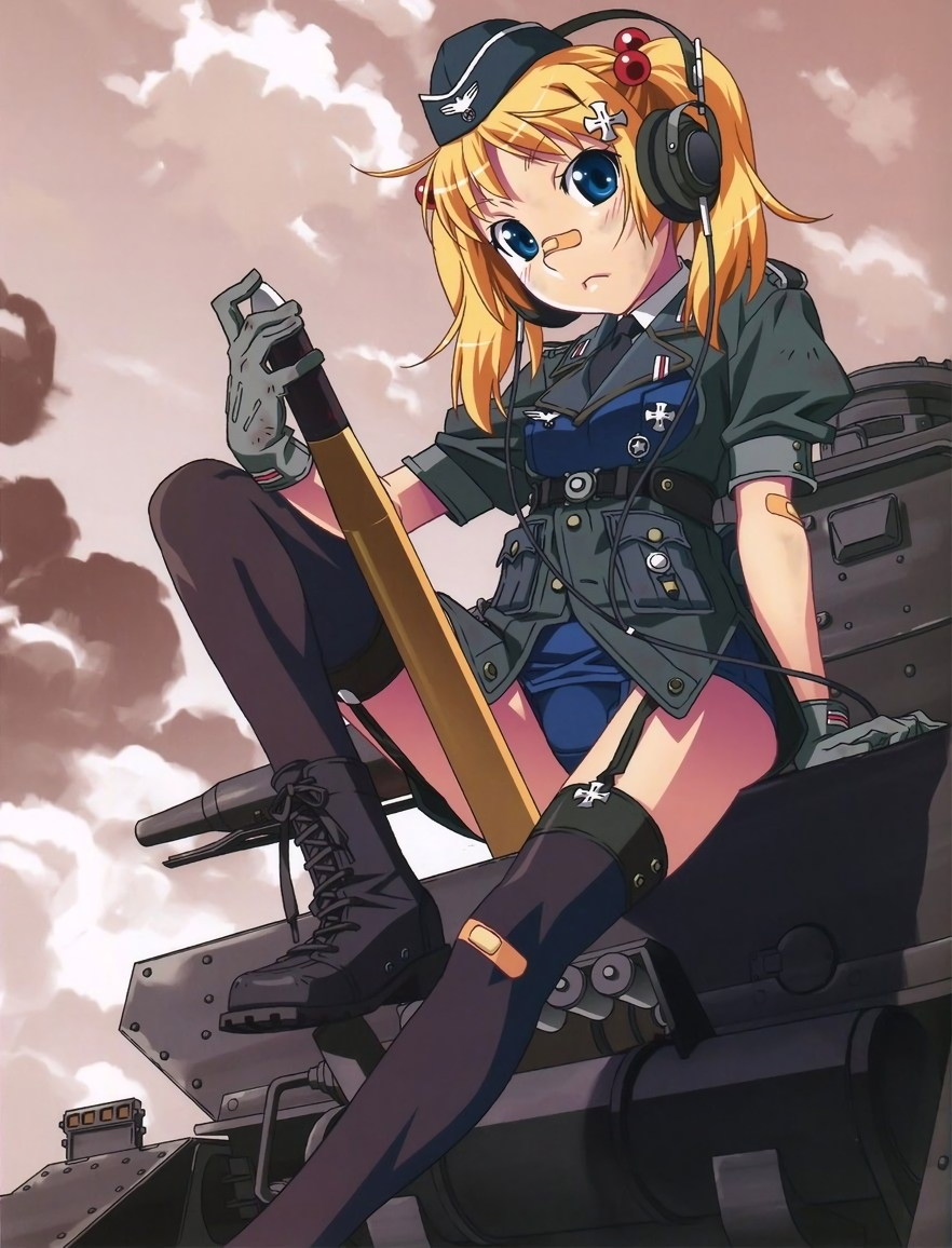 1girl, bandaid, bandaid_on_clothes, bandaid_on_nose, between_legs, black_legwear, blonde_hair, blue_eyes