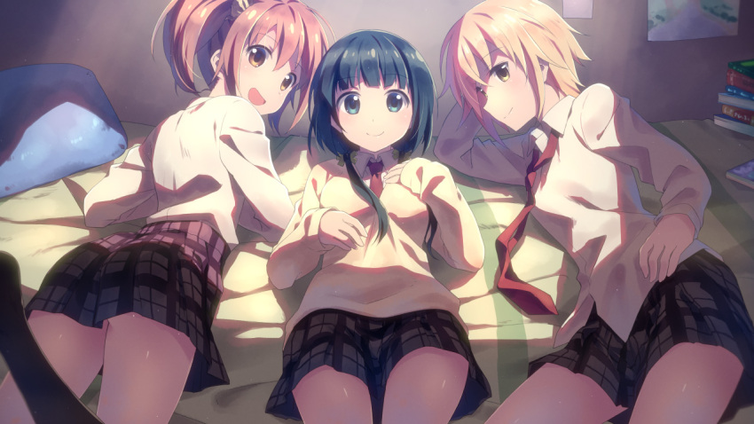 3girls, aiura, amaya_kanaka, ass, black_eyes, black_hair, black_legwear, blonde_hair