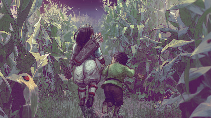 2boys, baggy_pants, bandages, barefoot, black_hair, brothers, cornfield, from_behind, gauntlets, genji_(overwatch), geta, grass, hair_ornament, hanzo_(overwatch), holding_hands, japanese_clothes, ladybug, leg_wraps, long_hair, low-tied_long_hair, multiple_boys, multiple_girls, overwatch, pants, plant, quiver, sandals, sash, short_hair, siblings, sky, spiky_hair, star_(sky), starry_sky, walking, younger