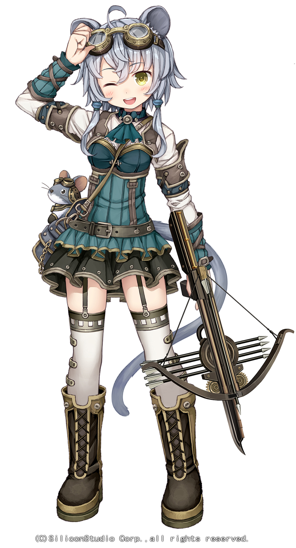 1girl, age_of_ishtaria, ahoge, animal_ears, arrow, bag, bangs, belt, boots, bow_(weapon), chain, company_name, cravat, cross-laced_footwear, crossbow, dress, eyebrows, eyebrows_visible_through_hair, full_body, garter_straps, goggles, goggles_on_head, hair_between_eyes, hand_on_head, handbag, highres, holding, holding_weapon, lace-up_boots, long_hair, mouse, mouse_ears, namaru_(summer_dandy), official_art, open_mouth, silver_hair, simple_background, solo, steampunk, sunset, thigh-highs, toki_no_ishutaria, twintails, weapon, white_background, white_legwear, yellow_eyes