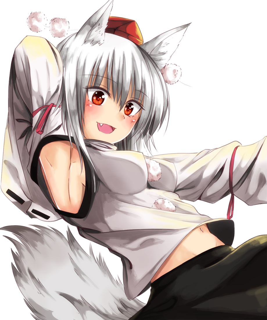 1girl, animal_ears, armpit_cutout, armpits, black_skirt, detached_sleeves, dutch_angle, fang, fuussu_(21-kazin), hair_between_eyes, hat, inubashiri_momiji, looking_at_viewer, open_mouth, outstretched_arm, pom_pom_(clothes), red_eyes, shirt, short_hair, simple_background, skirt, skirt_set, sleeveless, sleeveless_shirt, tail, tokin_hat, touhou, upper_body, wavy_mouth, white_background, white_hair, wide_sleeves, wolf_ears, wolf_tail