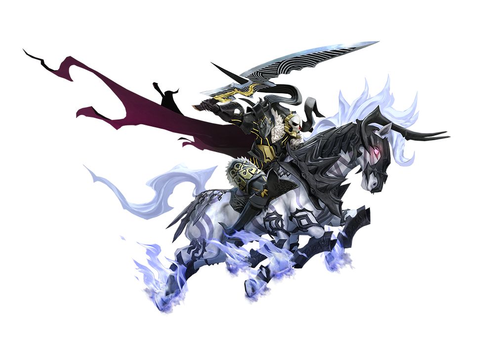 armor, cape, final_fantasy, flaming_hair, horned_headwear, horse, odin_(final_fantasy), riding, sword, weapon, world_of_final_fantasy