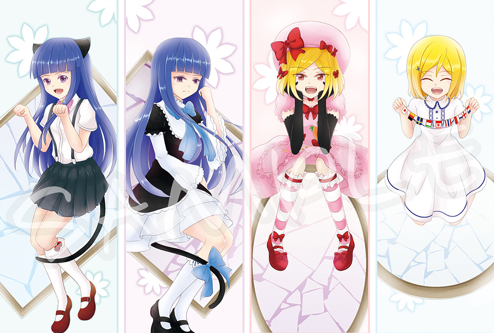4girls, ^_^, animal_ears, black_gloves, blonde_hair, blue_hair, bow, cat_ears, cat_tail, chin_rest, closed_eyes, creator_connection, dress, elbow_gloves, flags_of_all_nations, frederica_bernkastel, furude_rika, gloves, higurashi_no_naku_koro_ni, kneehighs, kurahika, lambdadelta, mary_janes, multiple_girls, open_mouth, paw_pose, pleated_skirt, red_eyes, sample, shoes, skirt, smile, string_of_flags, striped, striped_legwear, suspenders, tail, tanashi_miyoko, umineko_no_naku_koro_ni, violet_eyes, white_legwear