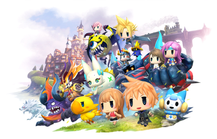 3boys, 4girls, armor, behemoth, black_mage, blonde_hair, bridge, brown_hair, castle, chibi, chocobo, cloud_strife, faris_scherwiz, final_fantasy, final_fantasy_i, final_fantasy_v, final_fantasy_vii, final_fantasy_x, final_fantasy_xiii, ground_vehicle, headband, horns, lann_(world_of_final_fantasy), lightning_farron, logo, monster, multiple_boys, multiple_girls, official_art, pink_hair, purple_hair, reynn_(world_of_final_fantasy), running, spiky_hair, square_enix, tama_(world_of_final_fantasy), train, warrior_of_light, world_of_final_fantasy, yuna_(ff10)