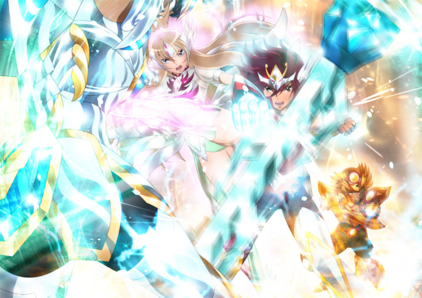 1girl, 3boys, aquila_yuna, armor, armored_boots, black_hair, boots, brown_eyes