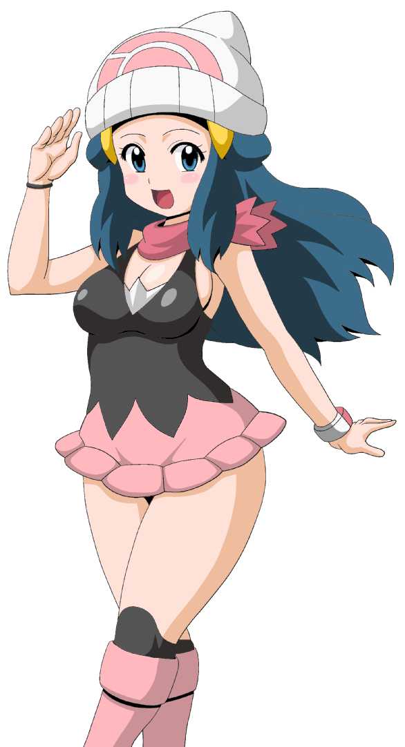 1girl, blue_eyes, blue_hair, blush, boots, breasts, cleavage, dress, hat, hikari_(pokemon), koutarosu, long_hair, looking_at_viewer, pink_boots, pokemon, pokemon_(anime), scarf, sideboob, simple_background, skirt, smile, solo, white_background
